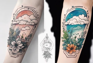 a forearm tattoo with a cloud with little plants and underneath it the date 12.08.05 tattoo idea