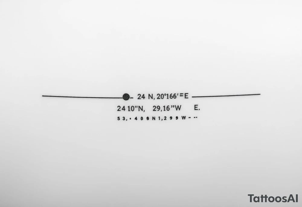 A minimal fine-line tattoo showing a straight, thin horizontal timeline with two small evenly spaced dots. Below the first dot, write the coordinates: "24°10′N, 20°16′E". Below the second dot, write: "53.4084°N, 2.9916°W". Above each coordinate, place a small circle or marker dot to signify key points. Beneath the entire timeline, add a single row of visual Morse code symbols using only dots (●) and dashes (—), arranged like this: — ● — ●   ● —   ● — ●   — — —   ● — ● ●   ● ●   — ● ●   ● —. Do not include any text labels or explanations. The code should appear as an abstract design element. Keep the entire tattoo clean, balanced, and symbolic tattoo idea