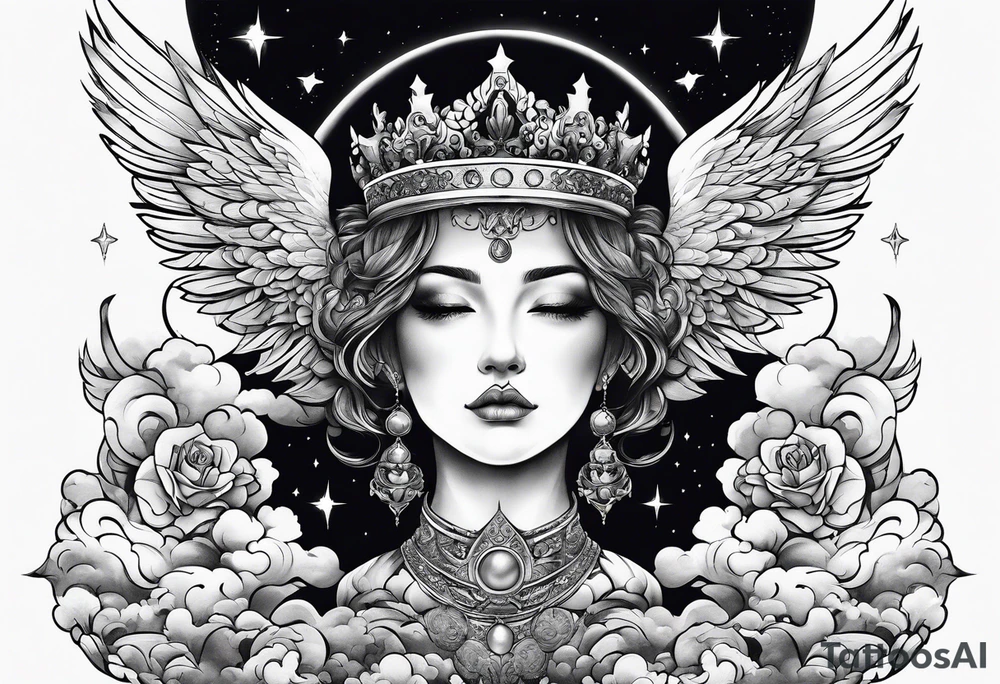Neck tattoo angels and clouds and crowns and space tattoo idea