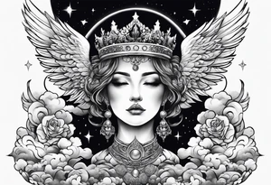Neck tattoo angels and clouds and crowns and space tattoo idea