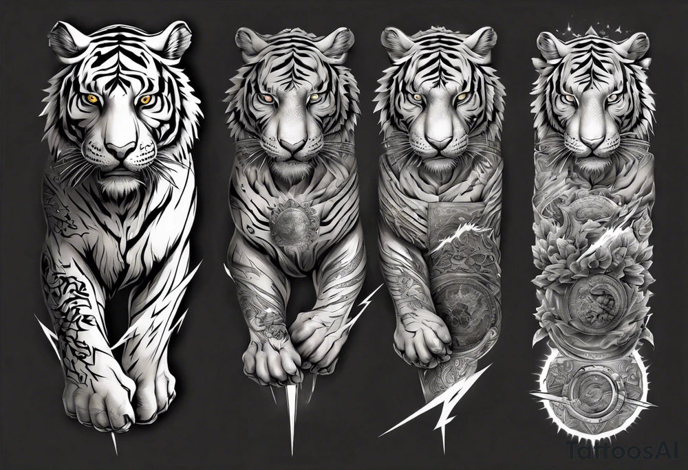 Ancient tiger with lightning and a sun for a forearm sleeve. With patterns surrounding it tattoo idea