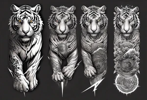 Ancient tiger with lightning and a sun for a forearm sleeve. With patterns surrounding it tattoo idea
