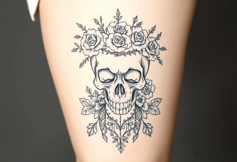ornate skull adorned with crown of wild roses and thorns overlaid lace curtain design tattoo idea