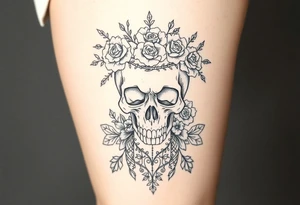 ornate skull adorned with crown of wild roses and thorns overlaid lace curtain design tattoo idea