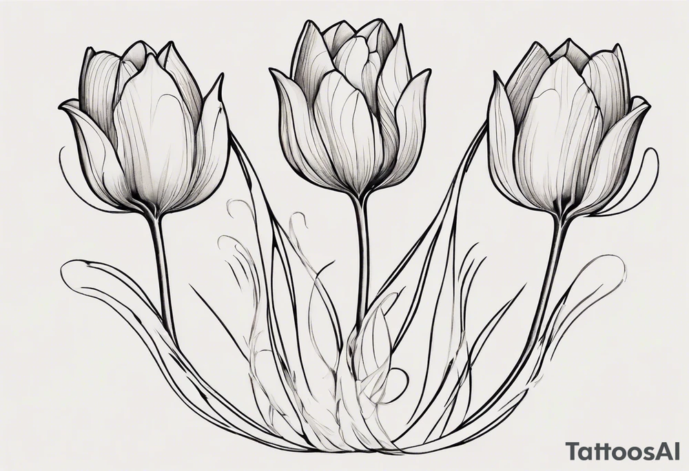 Generate a compelling tattoo design featuring three tulips with intertwining stems. Emphasize the graceful entwining of the stems, creating a harmonious and visually captivating composition. Each tulip should showcase distinct characteristics, from the delicate curves of the petals to the intricate details of the stamen. Consider incorporating elements that symbolize unity, growth, and interconnectedness. Capture the essence of nature's beauty while ensuring the overall design is balanced and aesthetically pleasing. tattoo idea