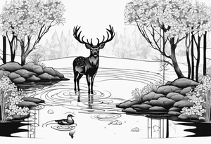 Pond with lots of trees in the background, dogwood flowers , with a deer tattoo idea