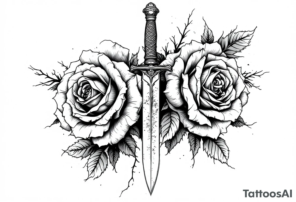 Roses with a dagger through tattoo idea
