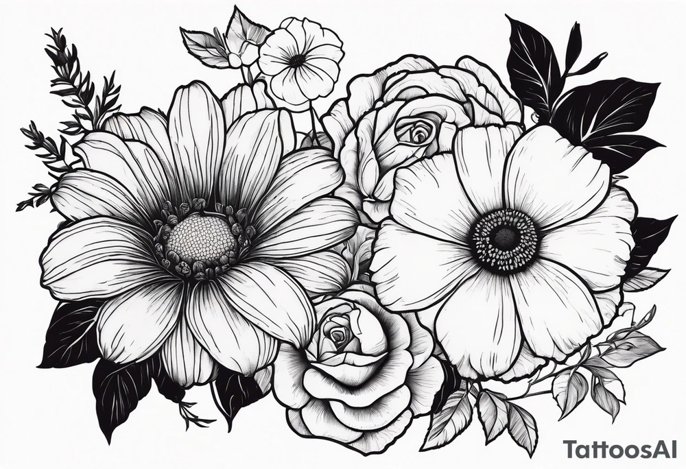 A vintage vertical design of a single daisy and a single rose with gladiolus flowers and poppies weaving through the daisy and rose tattoo idea