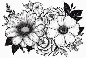 A vintage vertical design of a single daisy and a single rose with gladiolus flowers and poppies weaving through the daisy and rose tattoo idea