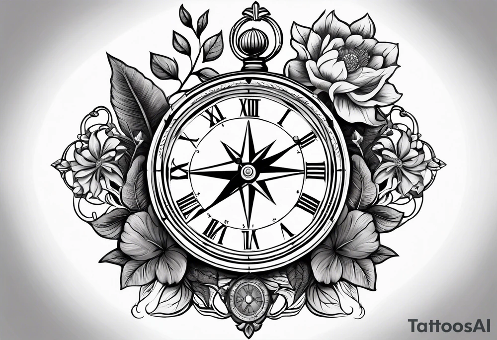 combination of a nautical compass and a old school clock face, and a doctor bird and tree of life and decorated with lignum vitae flowers, 3/4 sleeve on arm, flowing down the arm tattoo idea
