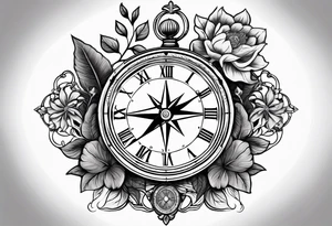 combination of a nautical compass and a old school clock face, and a doctor bird and tree of life and decorated with lignum vitae flowers, 3/4 sleeve on arm, flowing down the arm tattoo idea