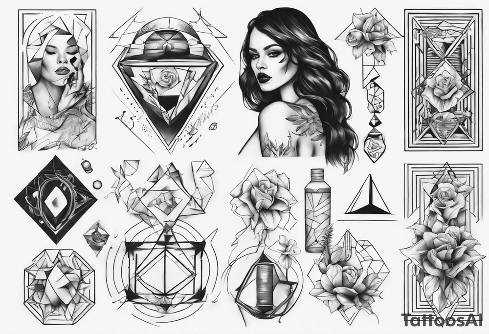 beautiful woman mixed with geometric objects tattoo idea