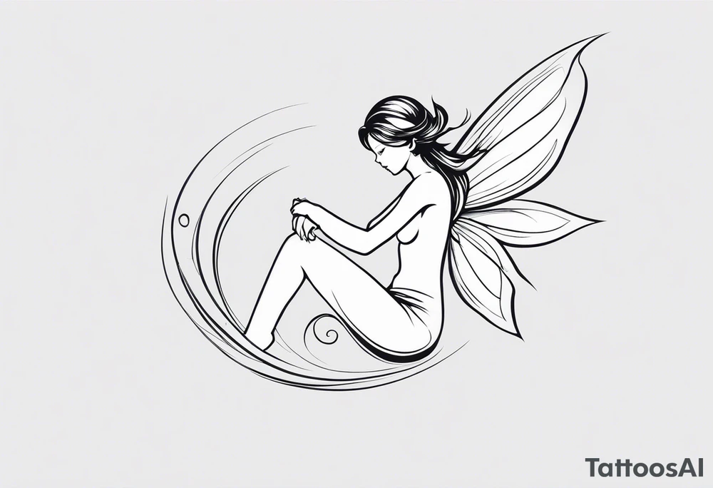 Minimalistic, monochromatic fairy with a tail flying to the left in a fetal position, leaning and looking in the same direction, with visible hands, embodying the 'Fairy Tail' logo aesthetic. tattoo idea