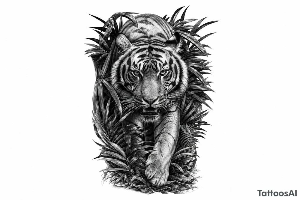 Tiger emerging from dense jungle foliage, low angle shot, hyperrealism. tattoo idea