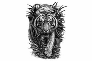 Tiger emerging from dense jungle foliage, low angle shot, hyperrealism. tattoo idea