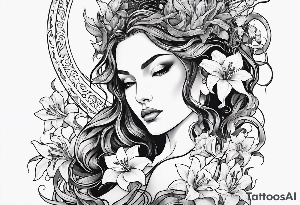 a side view of the goddess lilith holding a serpent and surrounded by lilies tattoo idea
