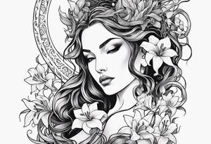 a side view of the goddess lilith holding a serpent and surrounded by lilies tattoo idea