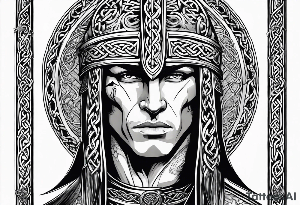 Side facing full body shot of Celtic warrior with weapon unsheathed. tattoo idea