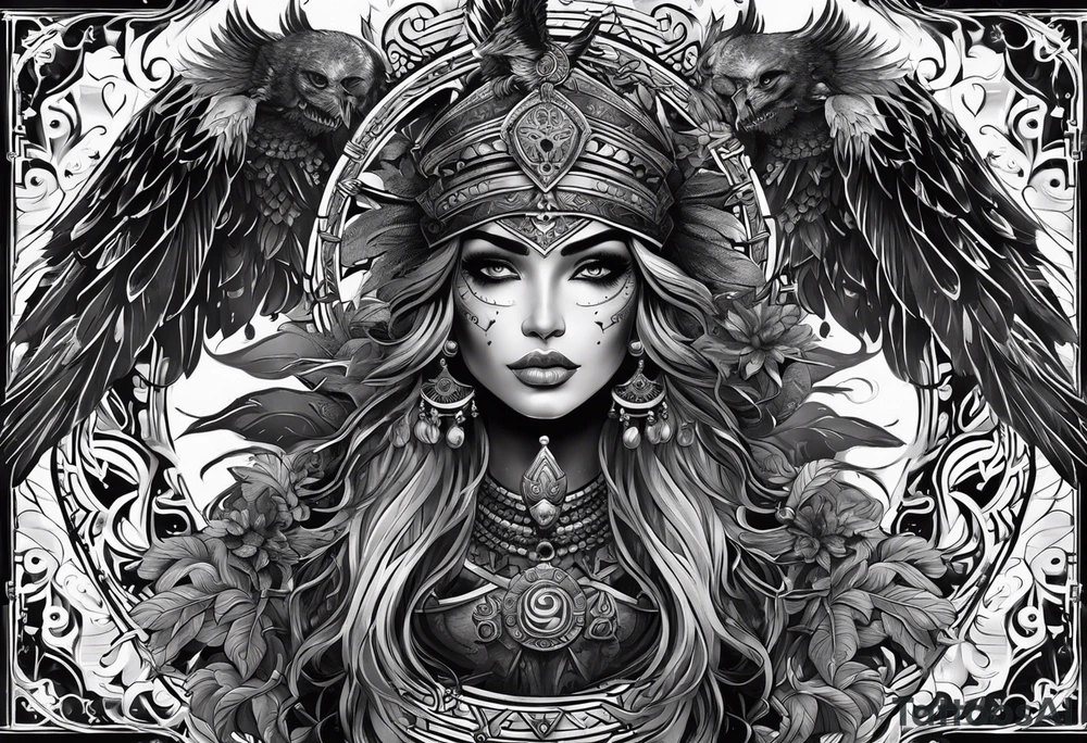 black kali, goddess pirate, alien, pachamama, valkrye, warrior, skull, lotus azul, wing, eagle, zenza resonance, stars, 5D tattoo idea