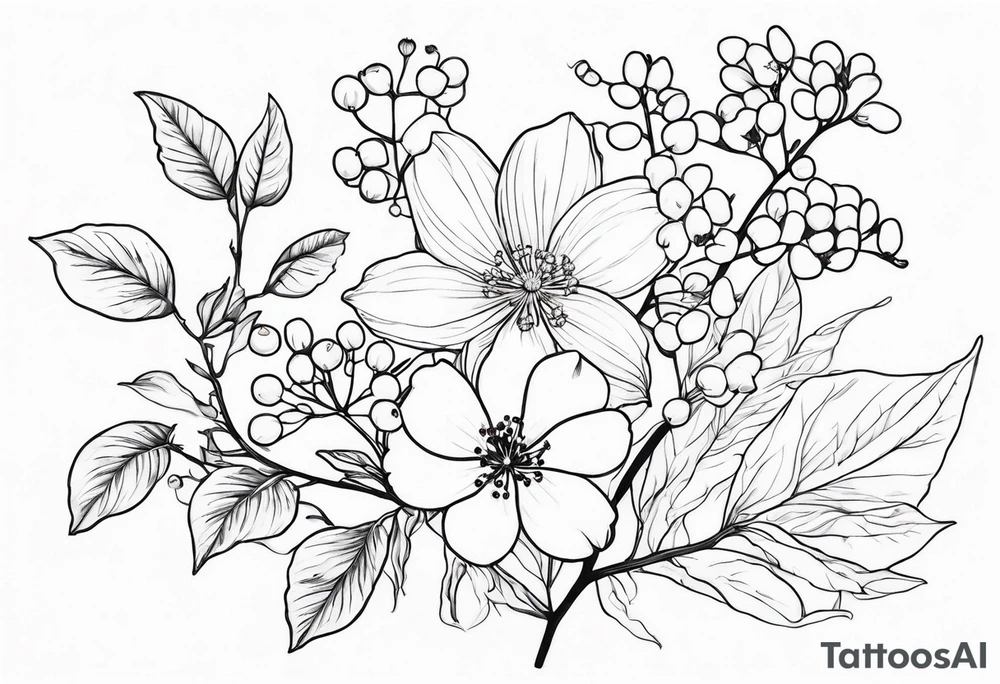 cosmos flower, cherry blossoms, rowan tree berries and flowers, lily of the valley tattoo idea