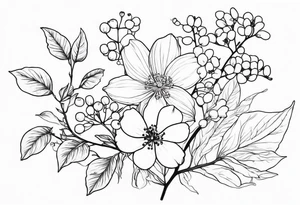 cosmos flower, cherry blossoms, rowan tree berries and flowers, lily of the valley tattoo idea