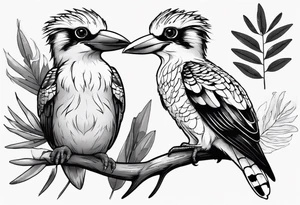 Cartoon kookaburra sitting on wattle and eucalyptus leaves tattoo idea