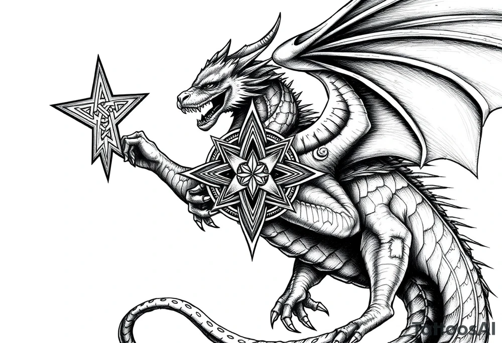 Masculine beautiful realistic detailed dragon holding celtic star tattoo idea