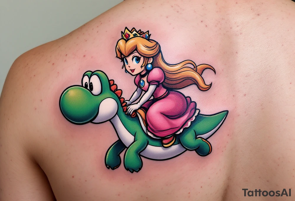 Princess Peach riding Yoshi from Mario Bros with vibrant colors. Make it more like the super Mario bros movie tattoo idea