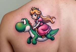 Princess Peach riding Yoshi from Mario Bros with vibrant colors. Make it more like the super Mario bros movie tattoo idea