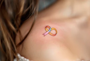 A trio of intertwined ribbons in pastel pink, blue, and golden yellow, forming an infinity loop of love. tattoo idea