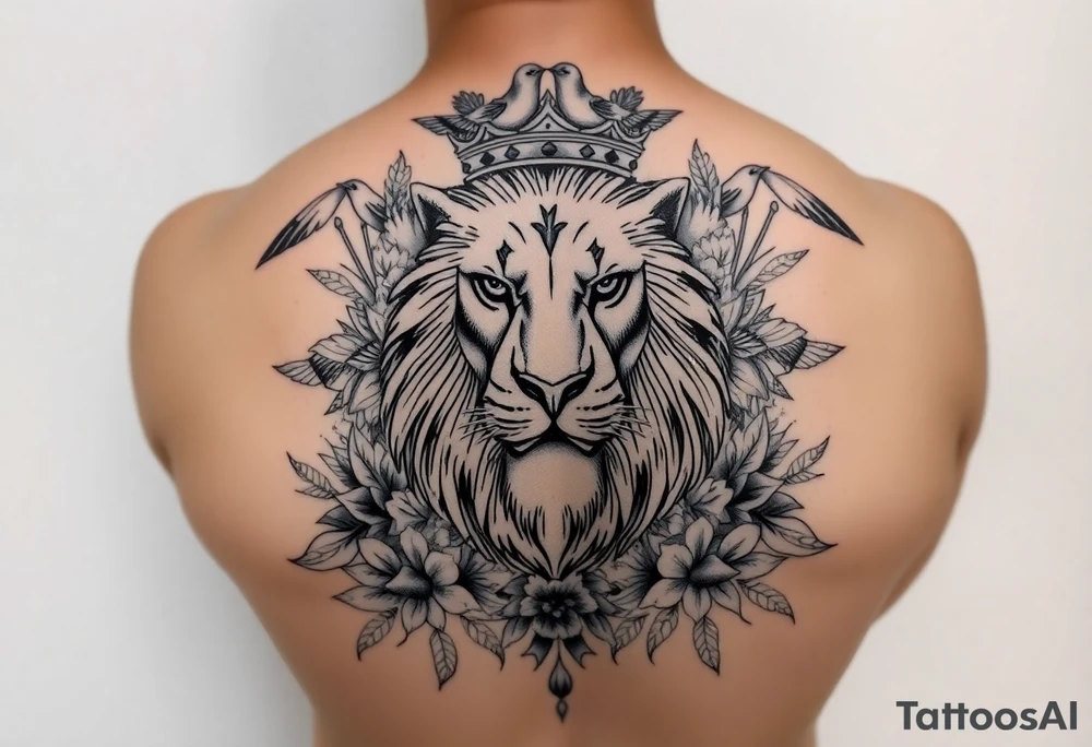 powerful majestic lion with a crown, surrounded by floral ornaments and birds tattoo idea