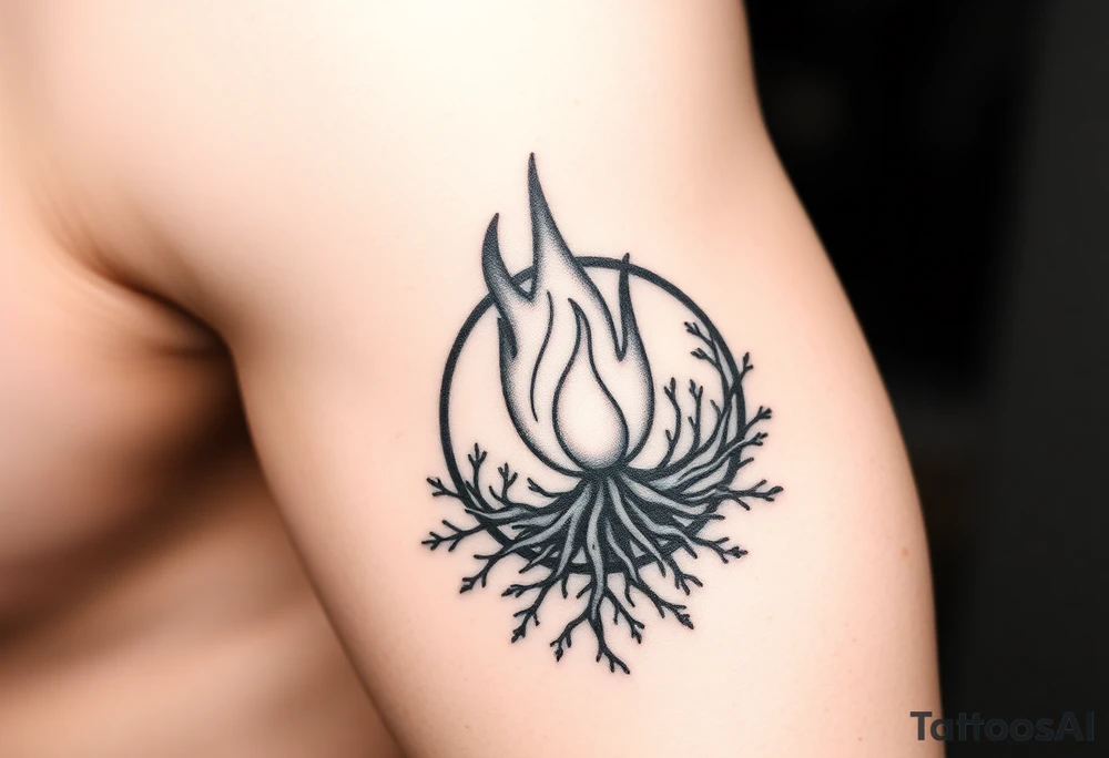 flame in a blooming roots circle tattoo idea