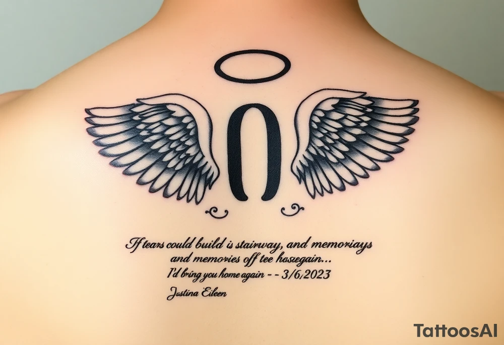 A semicolon intertwined with angel wings and a halo. At the bottom add this quote "If tears could build a stairway, and memories a lane, I'd walk right up to heaven and bring you home again." And also add my mother's name somewhere (Justina Eileen) and these dates 7/10/1984 - 3/6/2025 tattoo idea