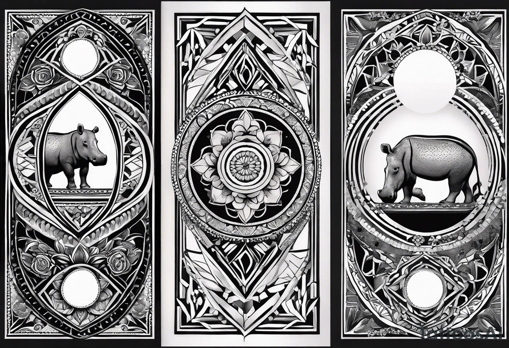 A foot long 2.5inches wide portrait orientation tattoo, containing a detailed hippo head with tribal patterns in the middle, a full moon on the upper side, and some wintersweet flowwer on the bottom side, these three components are connected with arches, lines, little geometric patterns, the lines will ne fine and narrow tattoo idea