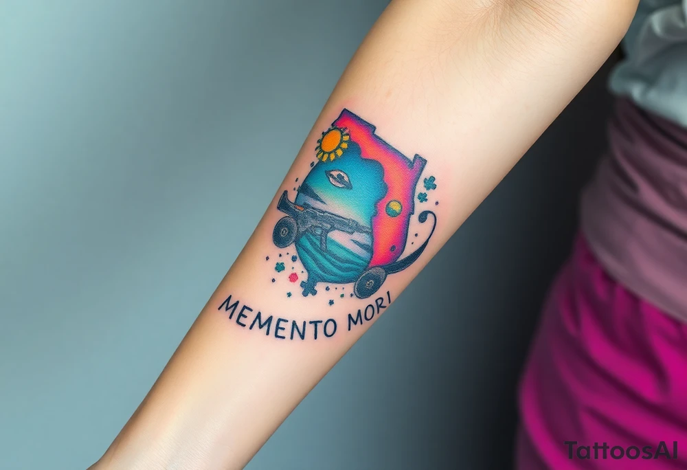 colorful futuristic memory tattoo for passed boyfriend; Florida, gulf coast water, Harley Davidson, skateboarding, puzzle pieces, video games, heaven, god, outdoors, guns, disc golf, words "MEMENTO MORI" tattoo idea
