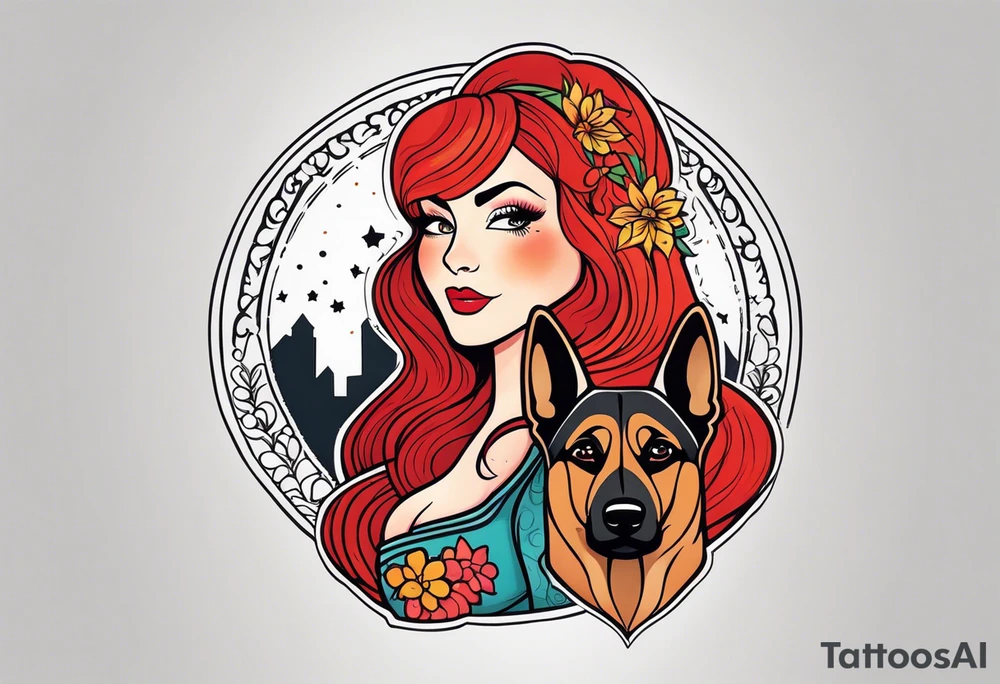 red hair woman with German shepherd dog tattoo idea