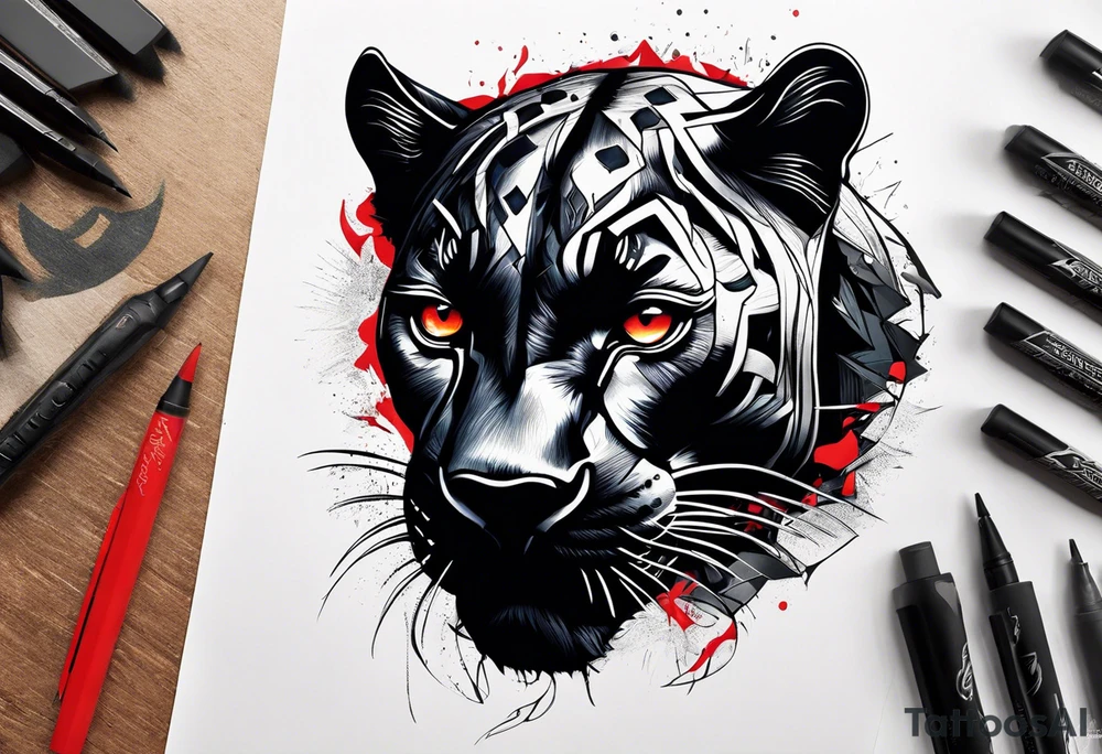 unique black panther tattoo, dynamic pose, showcasing its strength and grace, striking red eyes, intense and captivating elements, artistic flair, blending realism with abstract elements tattoo idea