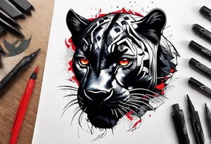 unique black panther tattoo, dynamic pose, showcasing its strength and grace, striking red eyes, intense and captivating elements, artistic flair, blending realism with abstract elements tattoo idea