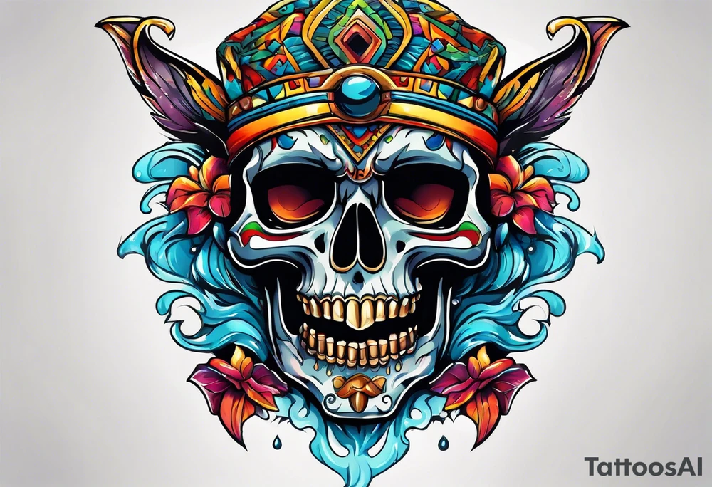 Colorful Mayan scull with water coming out of mouth with bats tattoo idea