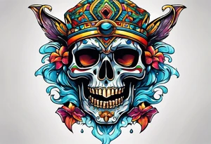 Colorful Mayan scull with water coming out of mouth with bats tattoo idea