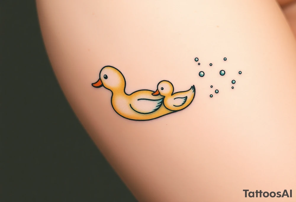 A mother and baby duck swimming together, leaving trails of tiny bubbles, in sea-green and sandy beige tones, representing lifelong guidance and patience tattoo idea