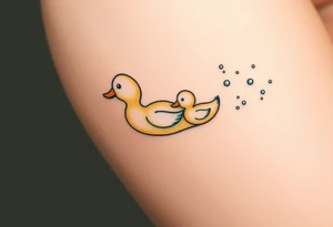 A mother and baby duck swimming together, leaving trails of tiny bubbles, in sea-green and sandy beige tones, representing lifelong guidance and patience tattoo idea