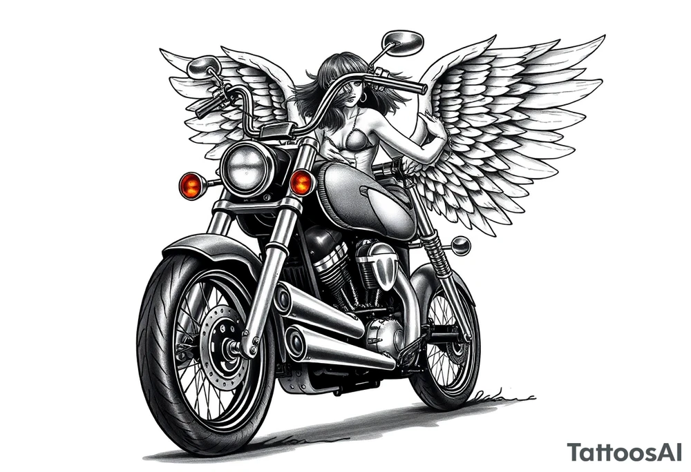 Low rider grey motorcycle, big muffler pipes with flames, angel wings, driving away, no person tattoo idea