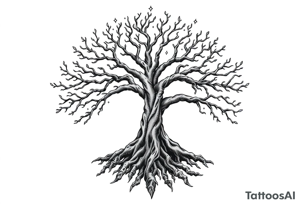 mystical tree of life with cosmic roots and celestial branches tattoo idea