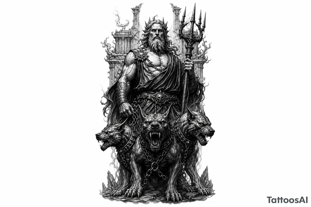 Hades with Cerberus in a dark, mythological style. tattoo idea