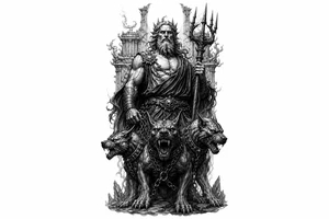 Hades with Cerberus in a dark, mythological style. tattoo idea