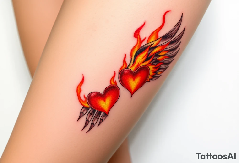 A fiery bird feet print with hearts engulfed in flames, using shades of red, orange, and yellow, symbolizing passion and energy tattoo idea