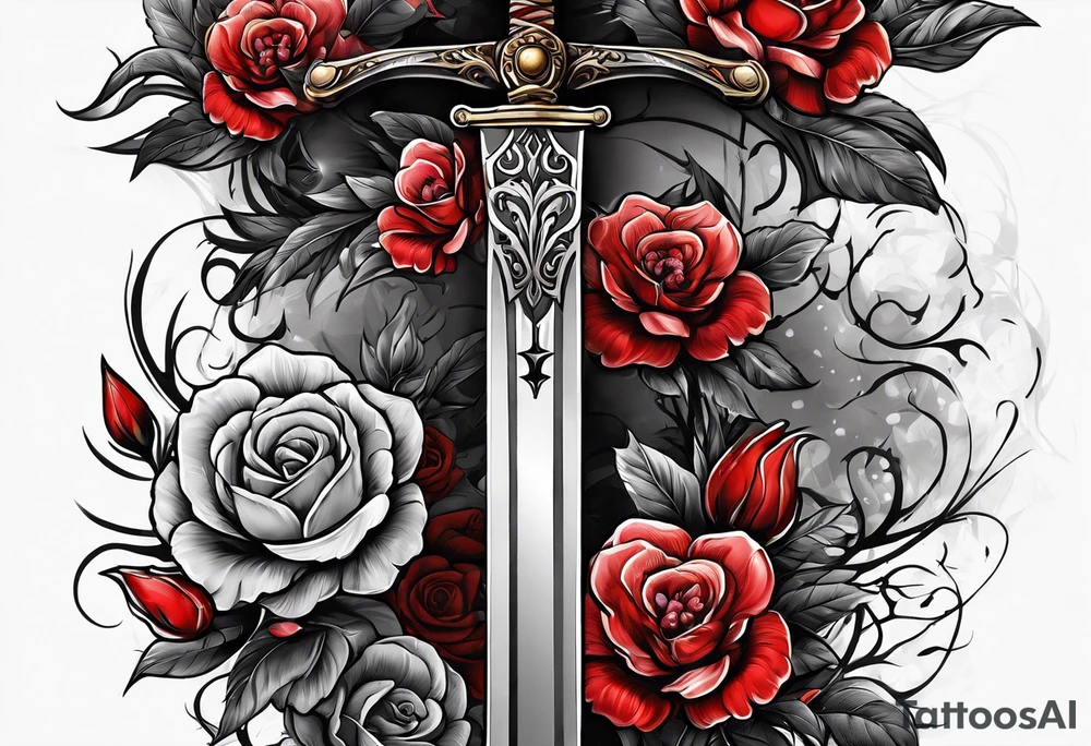bloody sword with flowers tattoo idea