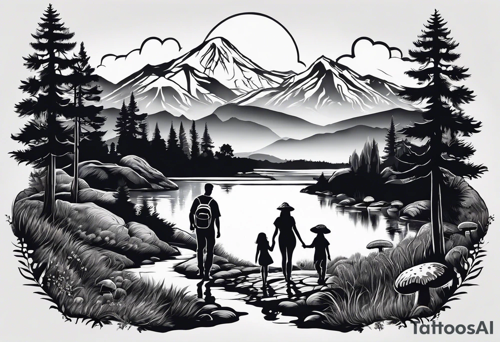 Family silhouette father, mother, son, 2 daughters foraging mushrooms with mountains and creek in background tattoo idea