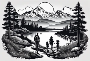 Family silhouette father, mother, son, 2 daughters foraging mushrooms with mountains and creek in background tattoo idea